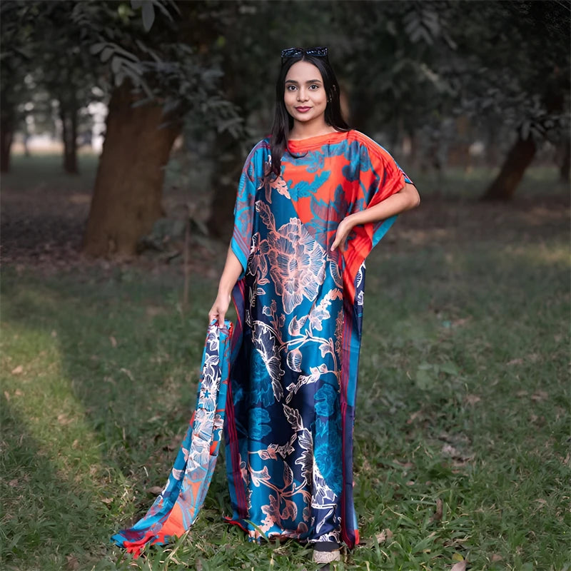 set For Women 2025 New Printed Silk Soft Loose Femme Elegant RobeParty Dresses With Belt Turban