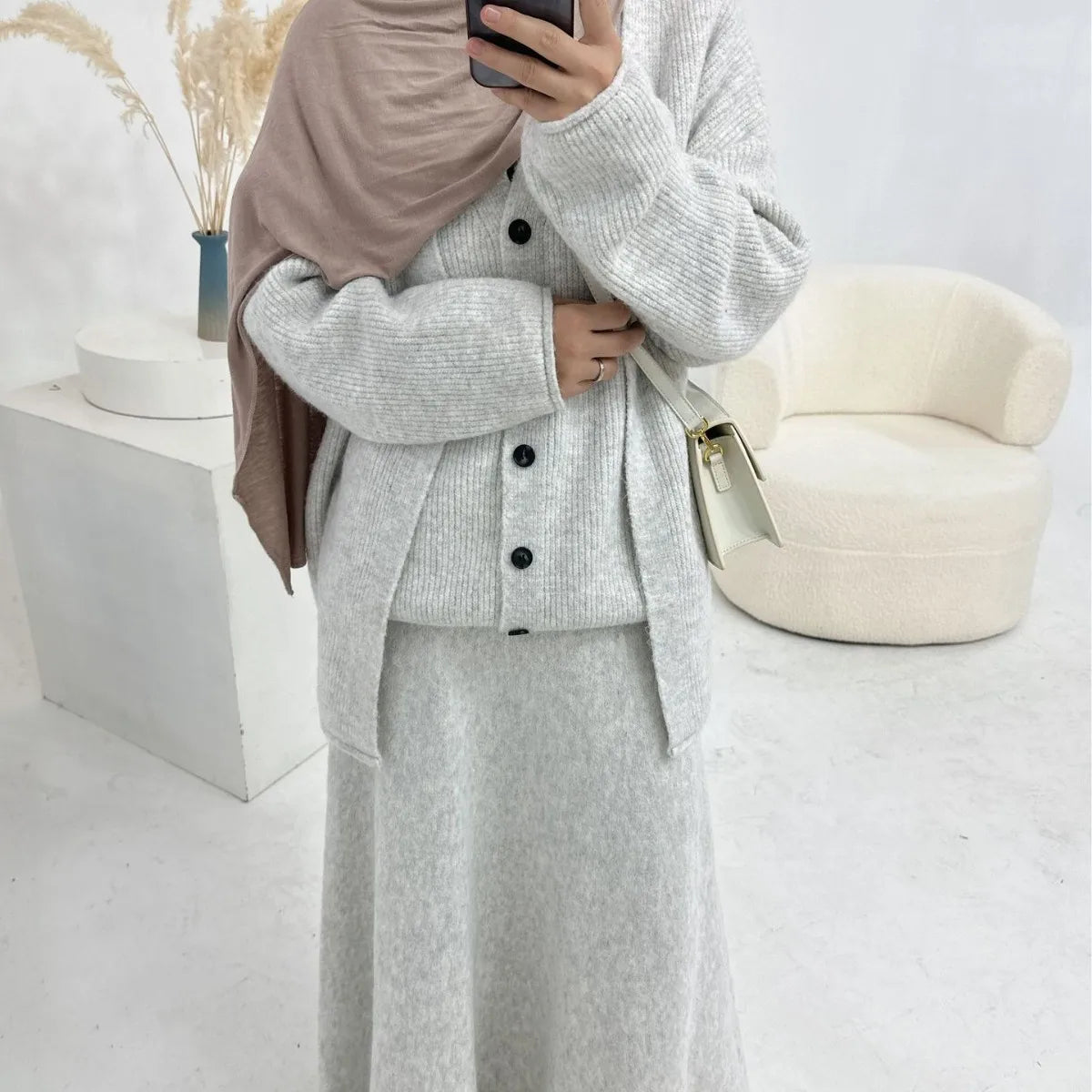Winter Woman Set Thick Knitted sweater Tops with Skirt Modest Outfits