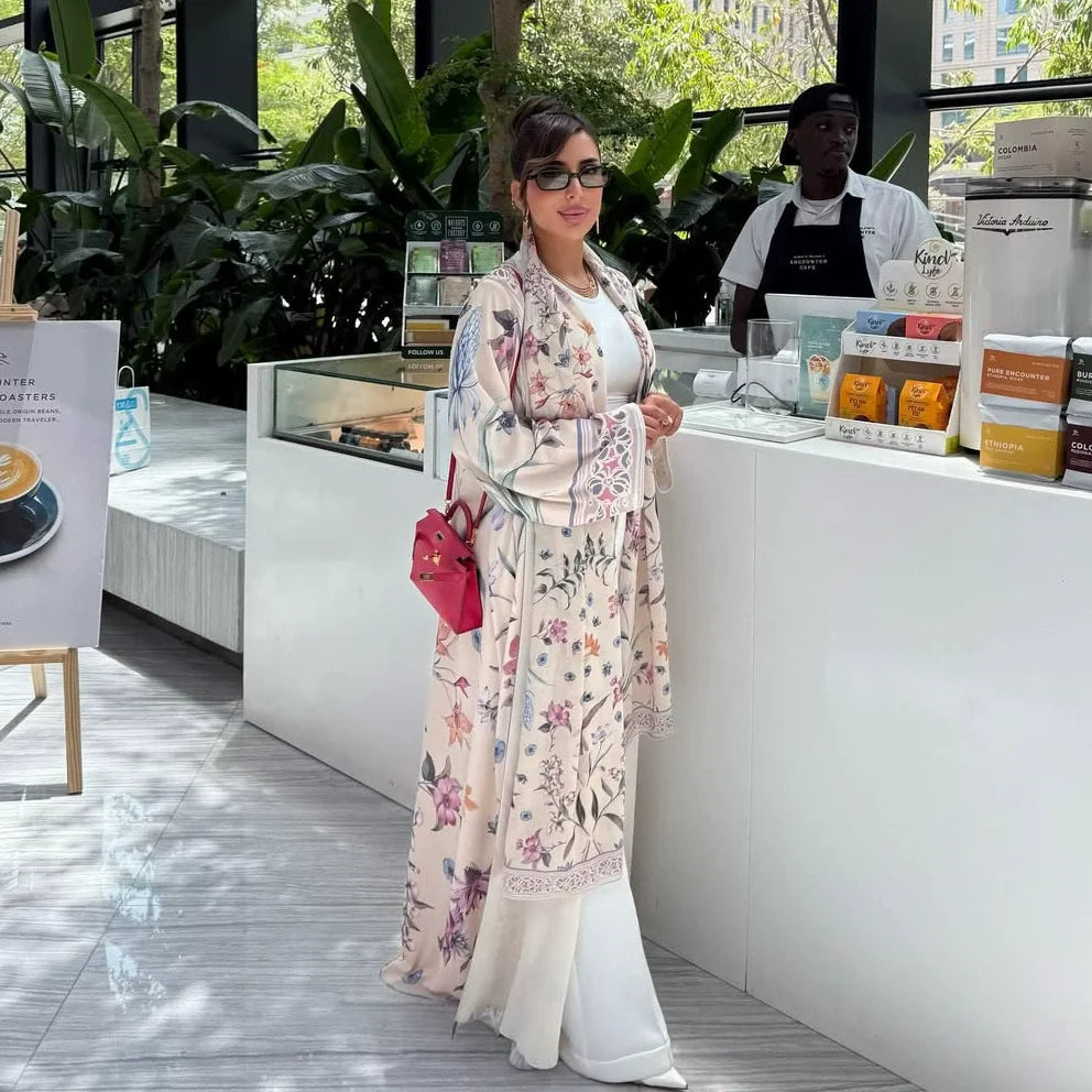 Luxury Fashion Modest Printed Cardigan Robe with Headscarf Two Piece Set Middle East DubaiCoat Robe 2025