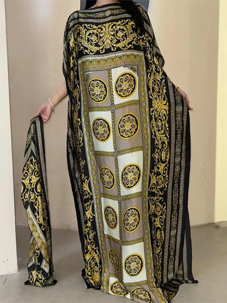 set For Women 2025 New Printed Silk Soft Loose Femme Elegant RobeParty Dresses With Belt Turban