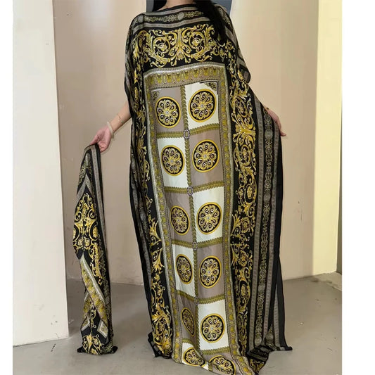 set For Women 2025 New Printed Silk Soft Loose Femme Elegant RobeParty Dresses With Belt Turban