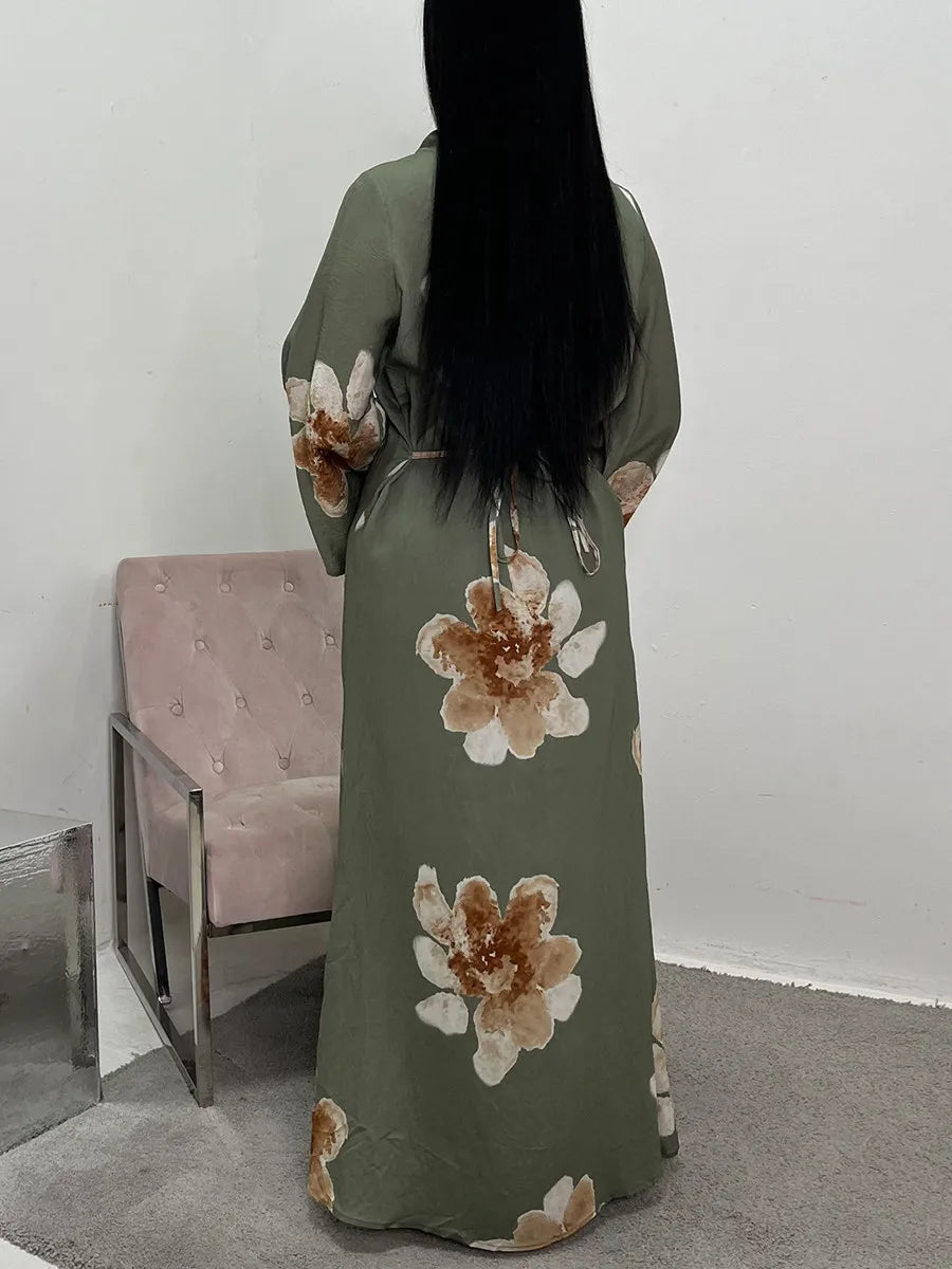 Women Dubai Luxury Fashion Flower Print Maxi Dress