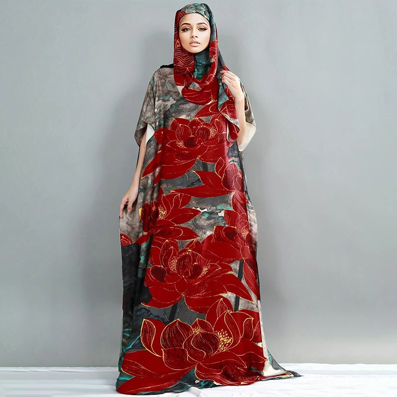 set For Women 2025 New Printed Silk Soft Loose Femme Elegant RobeParty Dresses With Belt Turban