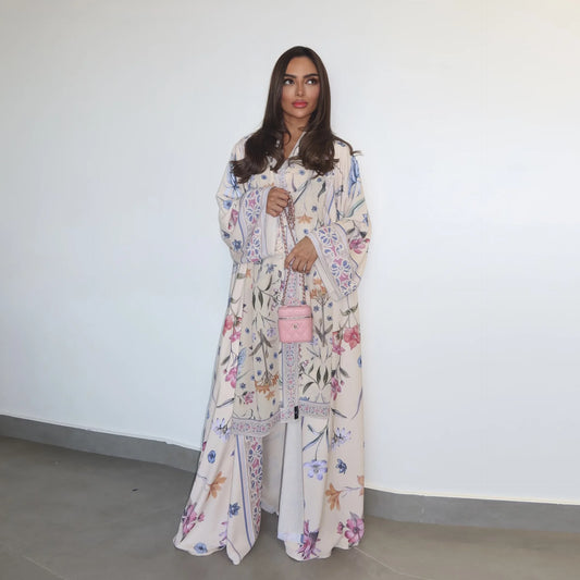 Luxury Fashion Modest Printed Cardigan Robe with Headscarf Two Piece Set Middle East DubaiCoat Robe 2025
