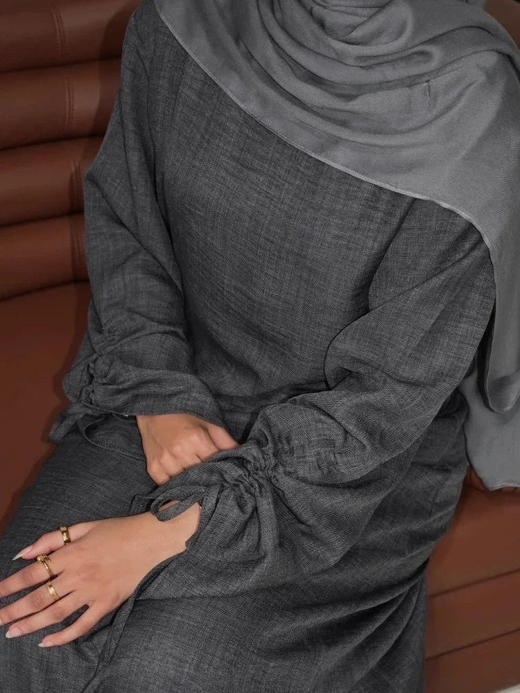 Women Modest Dress Abaya String Sleeve  Dubai Kaftan Islam 2025 Vestidos Largos Jalabiya Ramadan