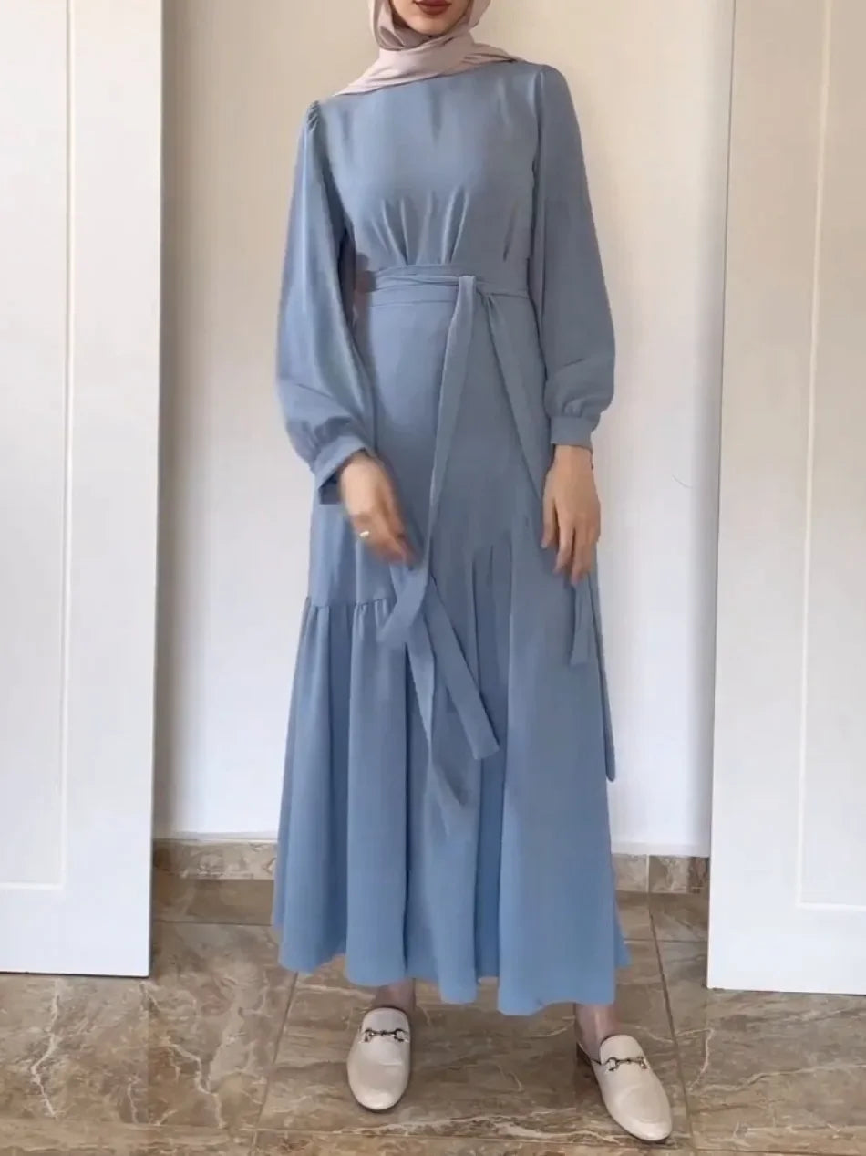 Women Ensemble Two-Piece Set with Blouse And Skirt Islamic Kaftan Casual Autumn Belted Ramadan Spliced Jalabiy