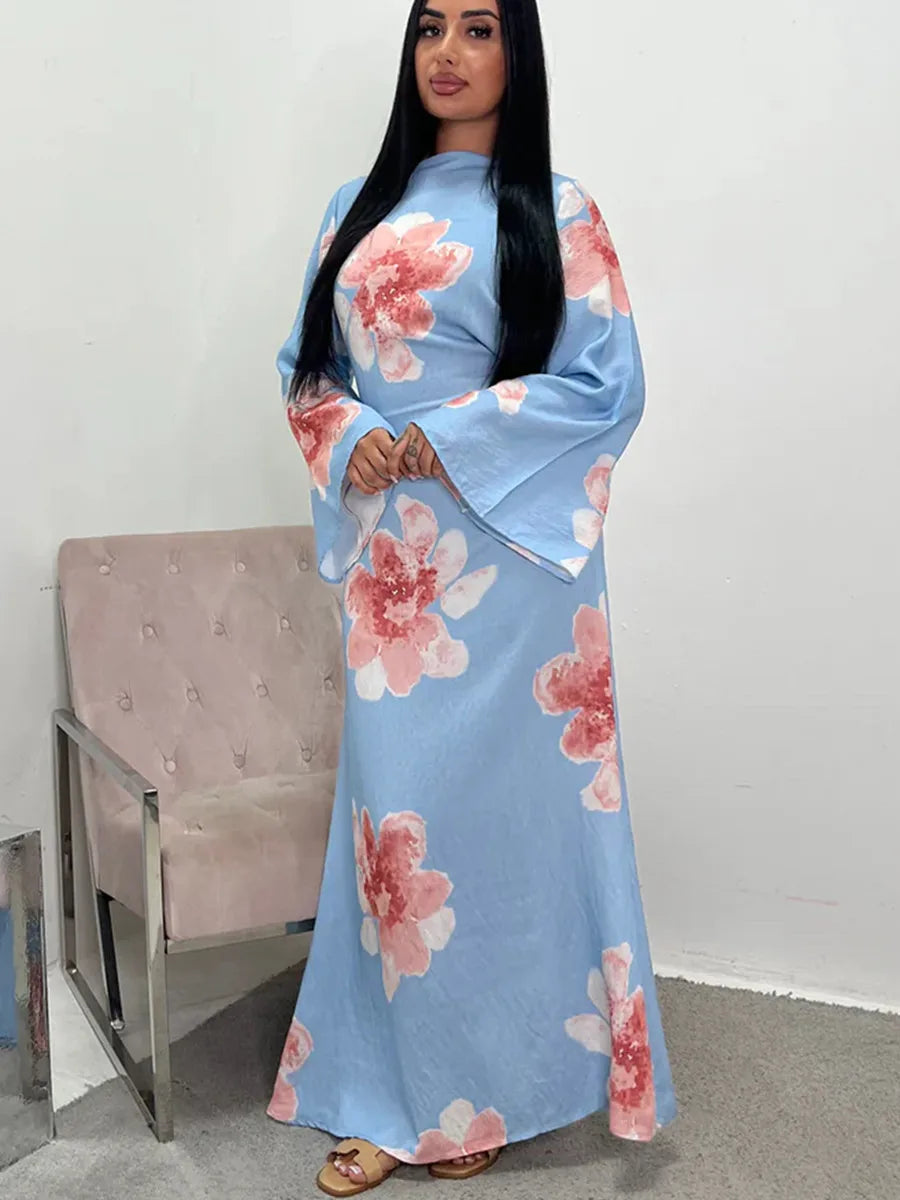Women Dubai Luxury Fashion Flower Print Maxi Dress