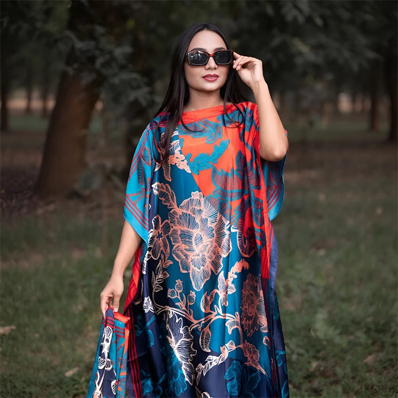 set For Women 2025 New Printed Silk Soft Loose Femme Elegant RobeParty Dresses With Belt Turban