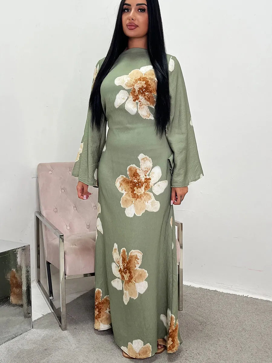 Women Dubai Luxury Fashion Flower Print Maxi Dress