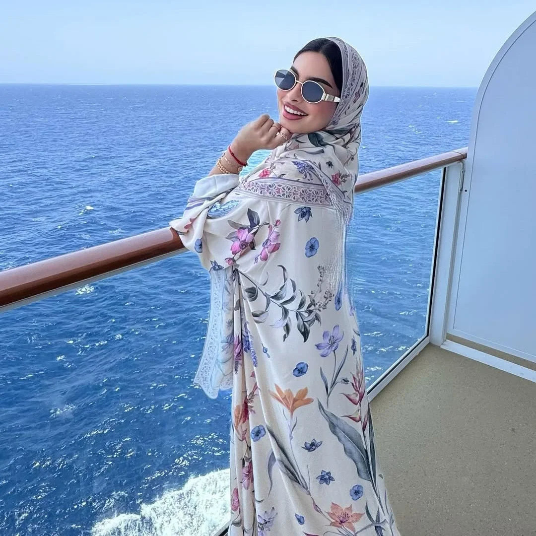 Luxury Fashion Modest Printed Cardigan Robe with Headscarf Two Piece Set Middle East DubaiCoat Robe 2025