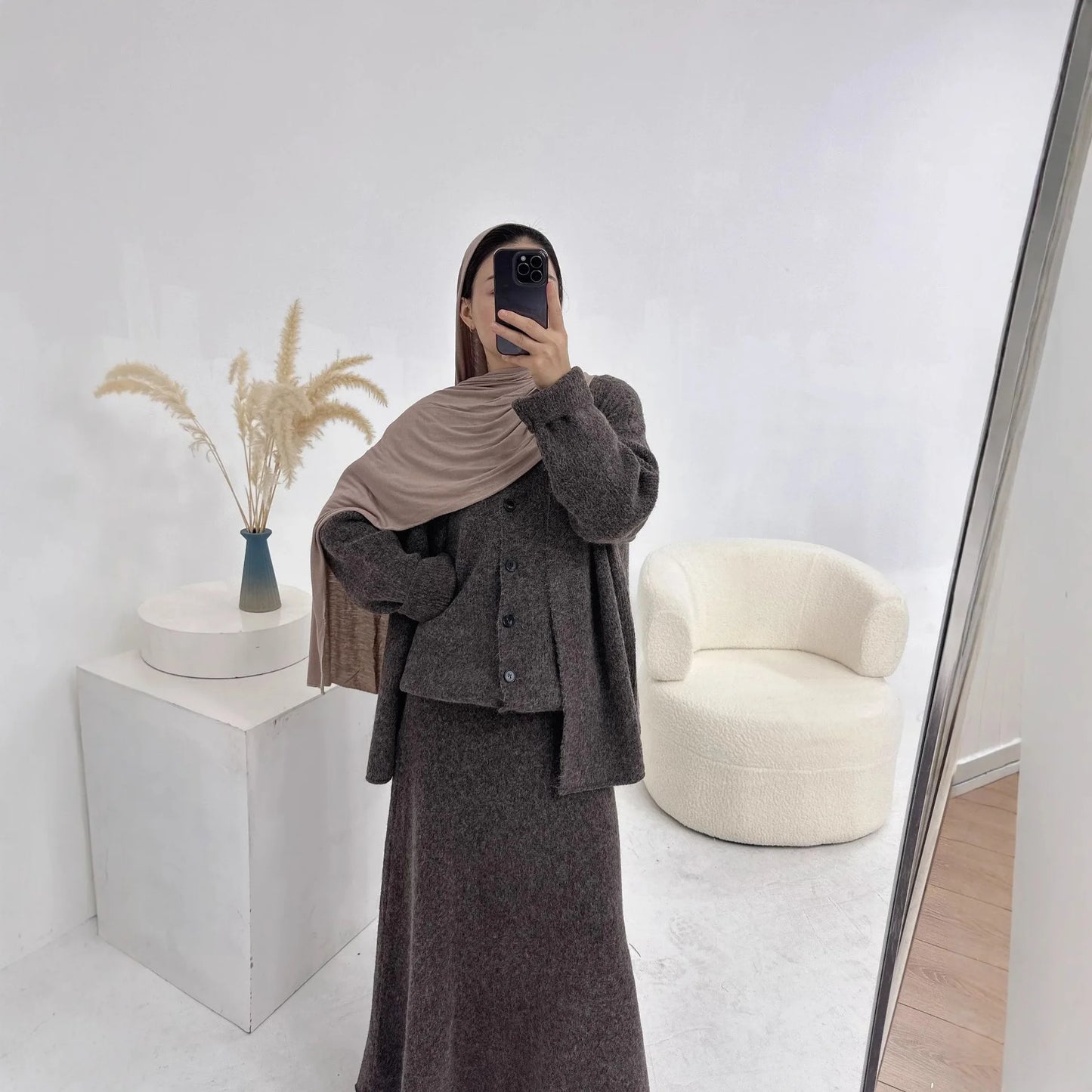 Winter Woman Set Thick Knitted sweater Tops with Skirt Modest Outfits