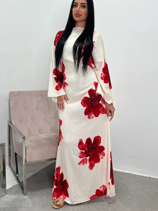 Women Dubai Luxury Fashion Flower Print Maxi Dress