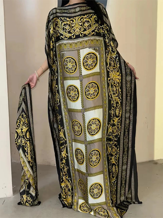 set For Women 2025 New Printed Silk Soft Loose Femme Elegant RobeParty Dresses With Belt Turban