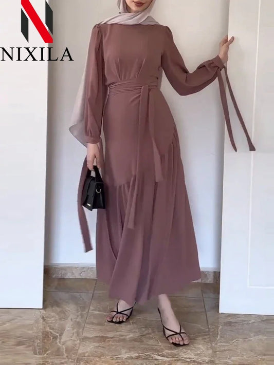 Women Ensemble Two-Piece Set with Blouse And Skirt Islamic Kaftan Casual Autumn Belted Ramadan Spliced Jalabiy
