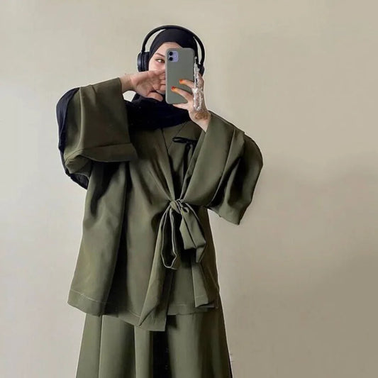 Suit Modest Two Piece Women Lace Up Top Skirt Outfits  Dubai Abayas Ensemble Jalabiya 2025
