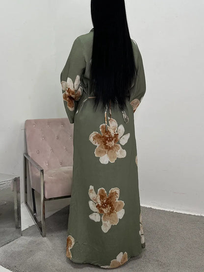 Women Dubai Luxury Fashion Flower Print Maxi Dress