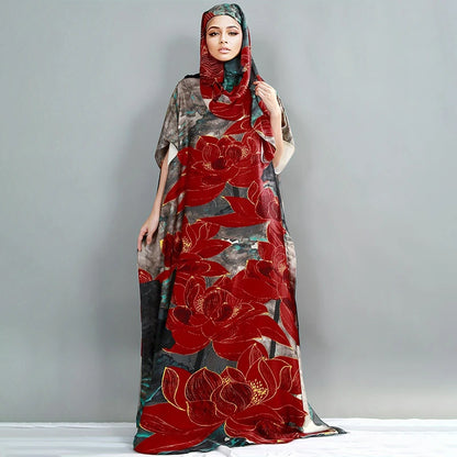 set For Women 2025 New Printed Silk Soft Loose Femme Elegant RobeParty Dresses With Belt Turban