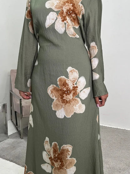 Women Dubai Luxury Fashion Flower Print Maxi Dress