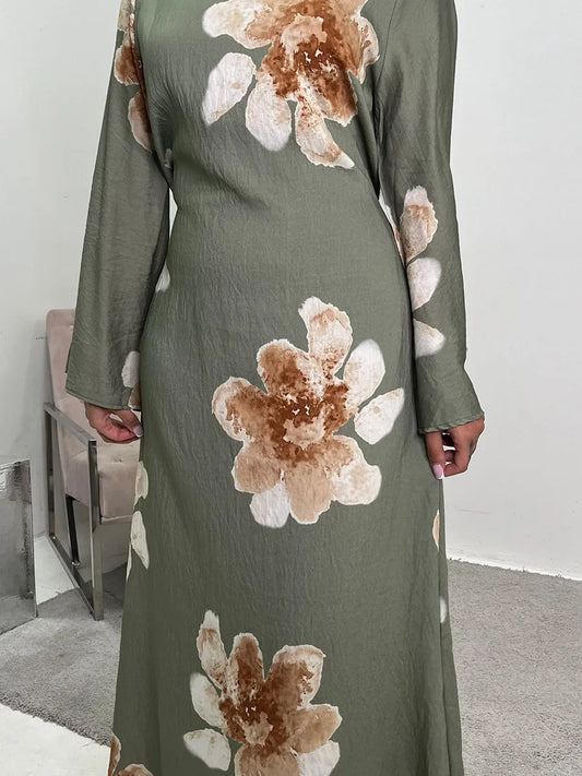 Women Dubai Luxury Fashion Flower Print Maxi Dress