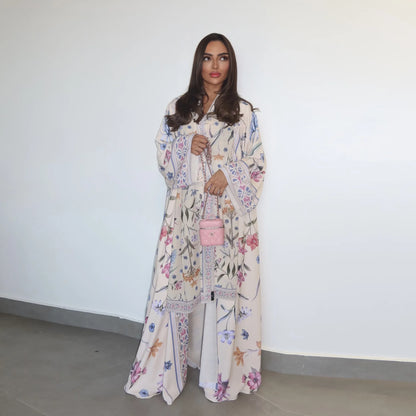 Luxury Fashion Modest Printed Cardigan Robe with Headscarf Two Piece Set Middle East DubaiCoat Robe 2025