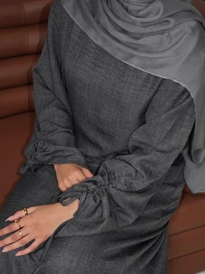 Women Modest Dress Abaya String Sleeve  Dubai Kaftan Islam 2025 Vestidos Largos Jalabiya Ramadan