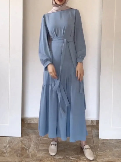 Women Ensemble Two-Piece Set with Blouse And Skirt Islamic Kaftan Casual Autumn Belted Ramadan Spliced Jalabiy