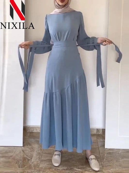 Women Ensemble Two-Piece Set with Blouse And Skirt Islamic Kaftan Casual Autumn Belted Ramadan Spliced Jalabiy