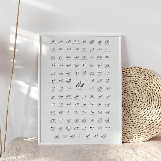 Islamic Muslim 99 Names Of Allah With Meaning Calligraphy Asmaul Husna Allah Name Wall Print Pictures Living Room Home Decor