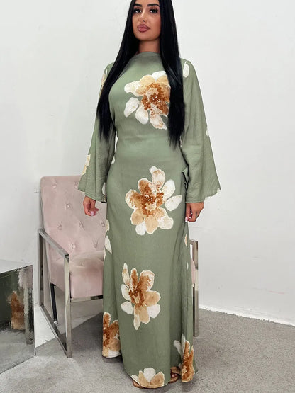 Women Dubai Luxury Fashion Flower Print Maxi Dress