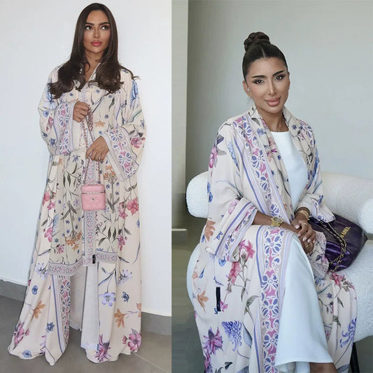 Luxury Fashion Modest Printed Cardigan Robe with Headscarf Two Piece Set Middle East DubaiCoat Robe 2025